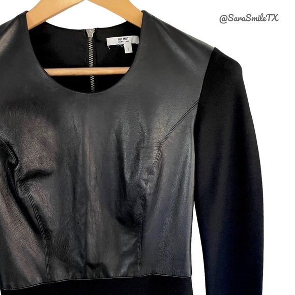 HELMUT LANG Black Lambskin Leather Panel Long Sleeve Mini Dress NWOT - Picture 7 of 16